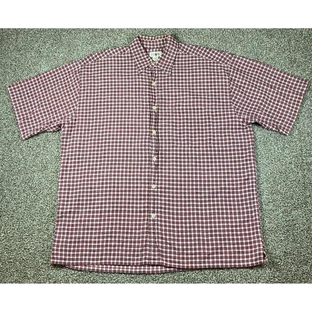 J.Crew Oarsman Mens Short Sleeve Button Down Plaid Shirt Red White Black Medium